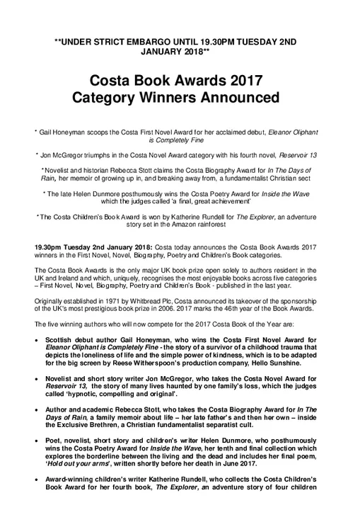 Costa Book Awards 2017 Category Winners Announced