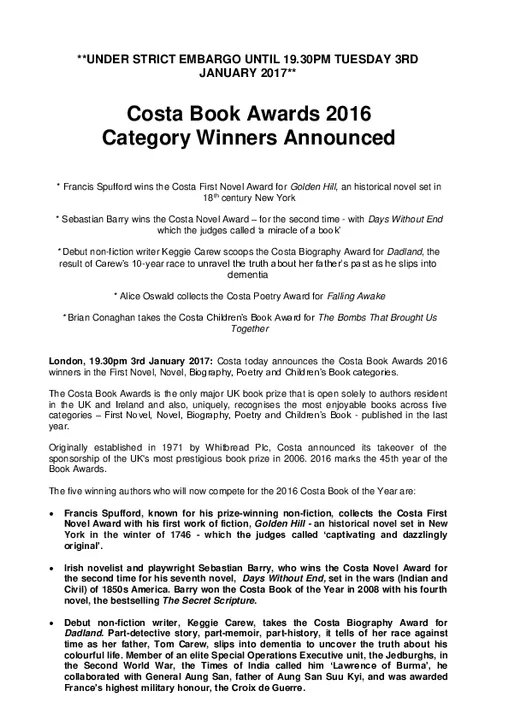 Costa announces the Category Winners for The 2016 Costa Book Awards